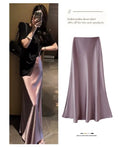 Spring/summer New Wrap Buttocks Fishtail A-line Long High Waisted Slimming Mid Length Satin Acetate Silk Smooth Half Skirt