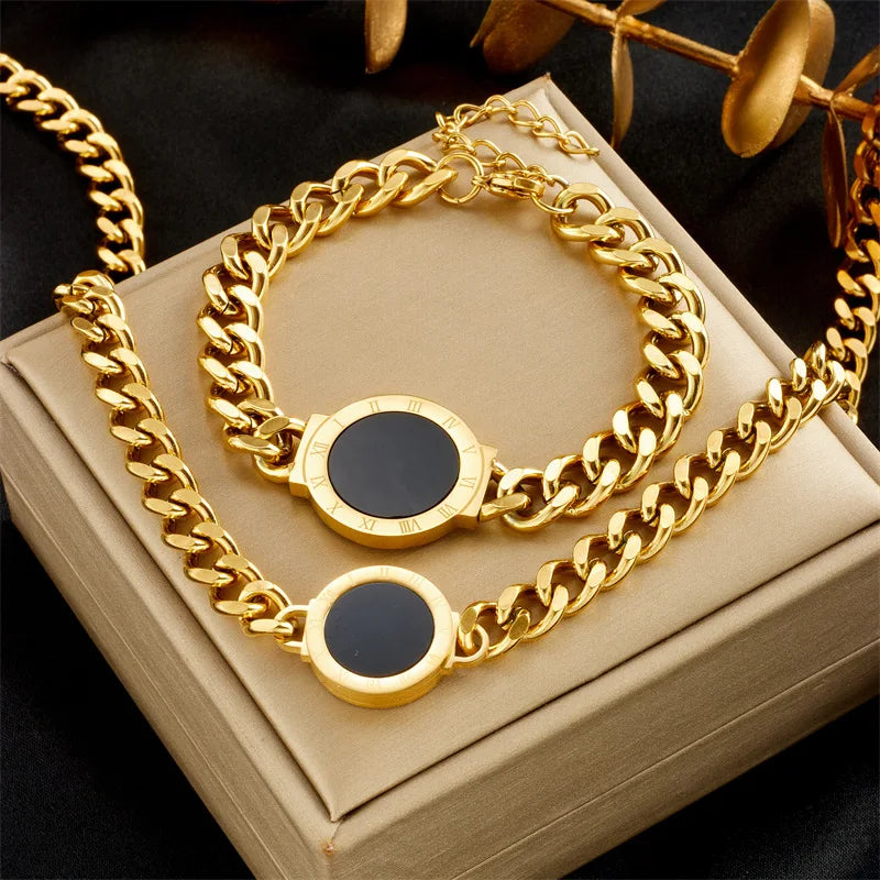 New Punk Roman Number Stainless Steel 18K Gold Plated Cuban Link Chain Necklace and Bracelet Woman Jewelry Set