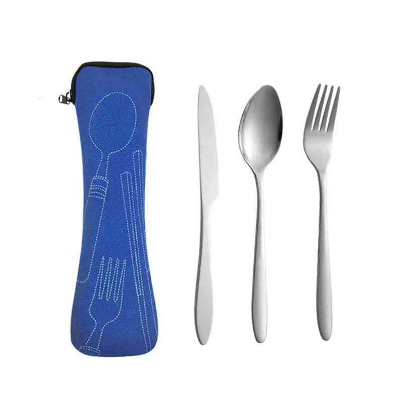 Portable Reusable 3-Piece Stainless Steel Cutlery Set Includes Spoon Fork Chopsticks Knife Bag Outdoor Activities Back to School
