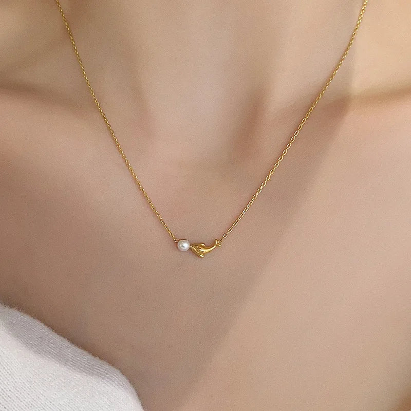 HOVANCI Stainless Steel Ocean Jewelry Stainless Steel 18K Gold Plated Pearl Dolphin Charm Choker Pendant Necklace