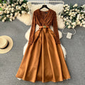 Spring Fall Premium Dress Lace Wave Edge V Neck Long Sleeve Patchwork Long Elegant Casual Women's Dresses