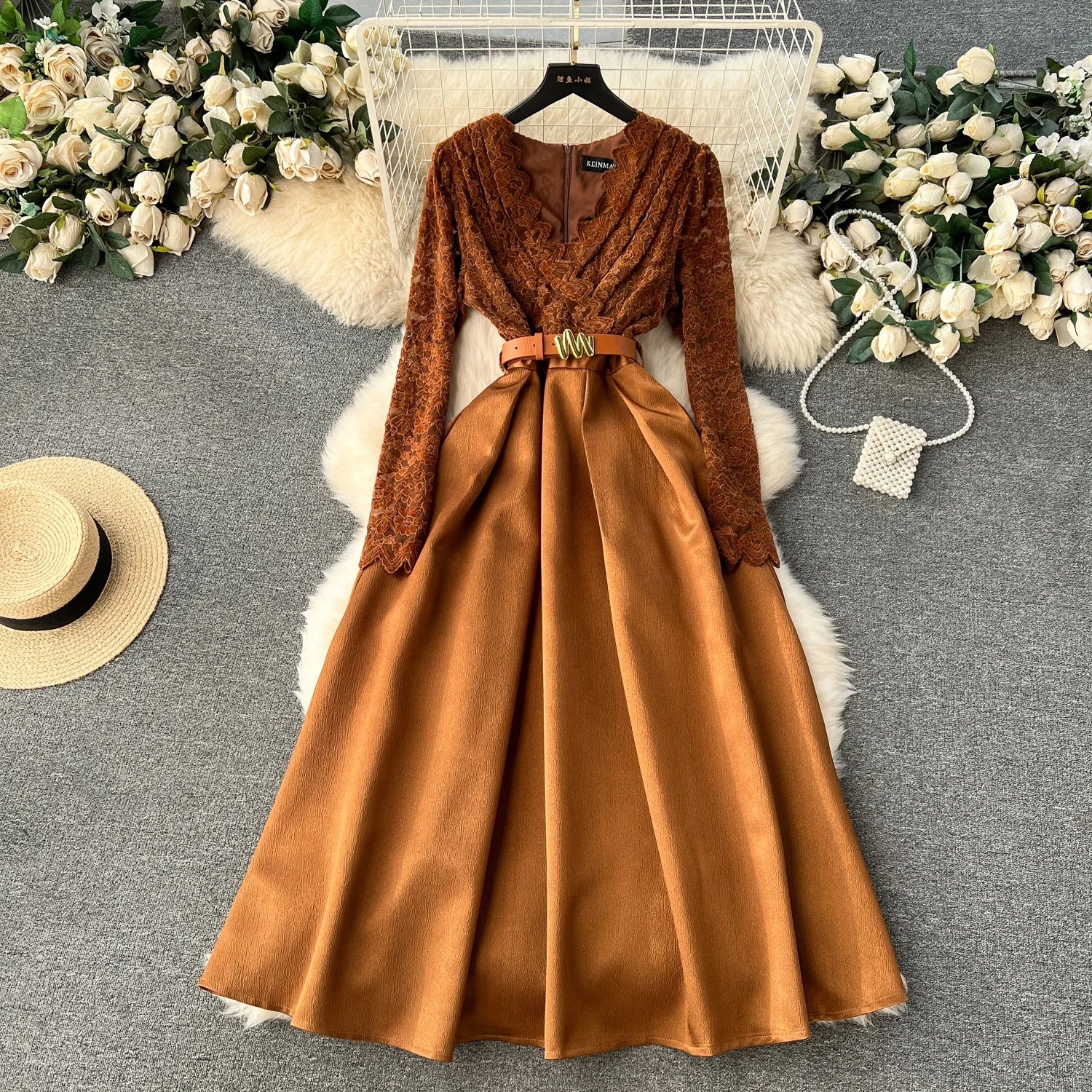 Spring Fall Premium Dress Lace Wave Edge V Neck Long Sleeve Patchwork Long Elegant Casual Women's Dresses