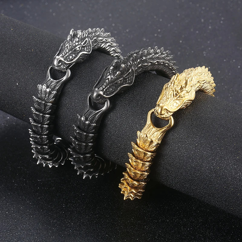 Domineer Style Heavy Black Titanium Dragon Scale Grain Bracelet Retro Stainless Steel Keel Bracelet Animal Zodiac Sign