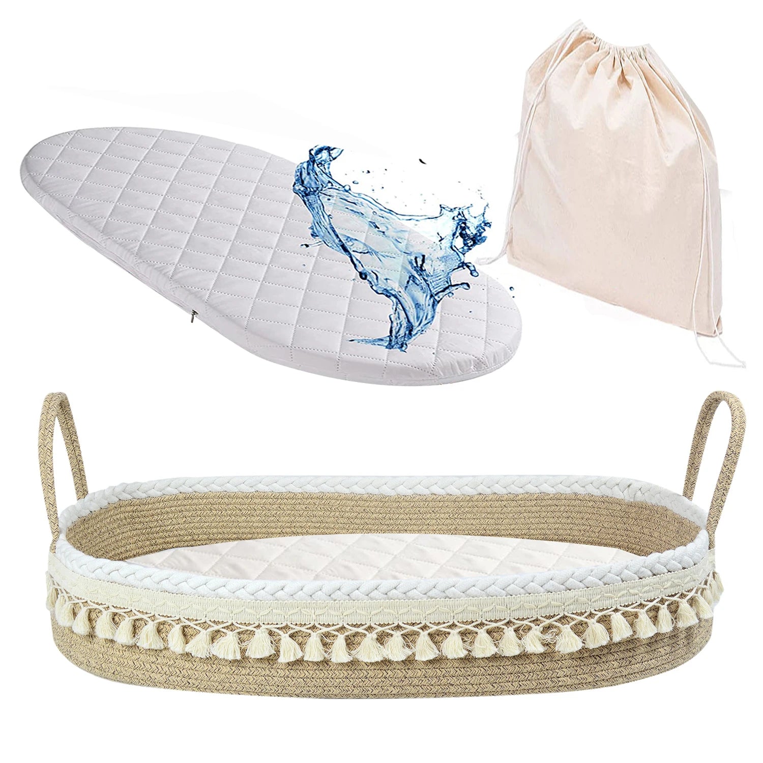 Baby Changing Basket - Handmade Woven Cotton Rope Moses Basket with Mattress Pad Removable Cover Soft Blanket