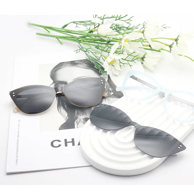 Women's Cat Eye Polarized Sunglasses Fashion Acetate Frame with Magnetic Clip-On Shades Purple Blue Yellow Gray Color Options