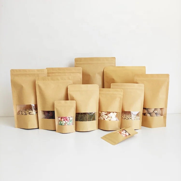 14x20cm Factory Wholesale Food Packaging Doypack Stand up Pouch Plain Brown Kraft Paper Bag with clear Window and Zip Lock