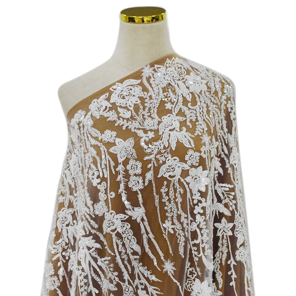 Latest Style African Pure White Floral Pattern Embroidered Bridal Lace With Beaded for Wedding Party HY1603