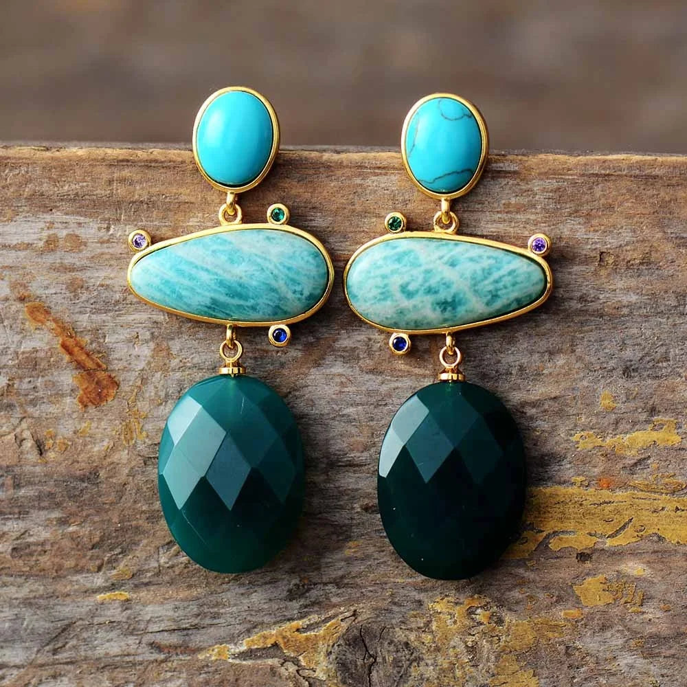 Designer Luxury Amazonite Agate Large Stud Earrings for Women Premium Natural Stones Exaggerated Butterfly Shape Brass Statement
