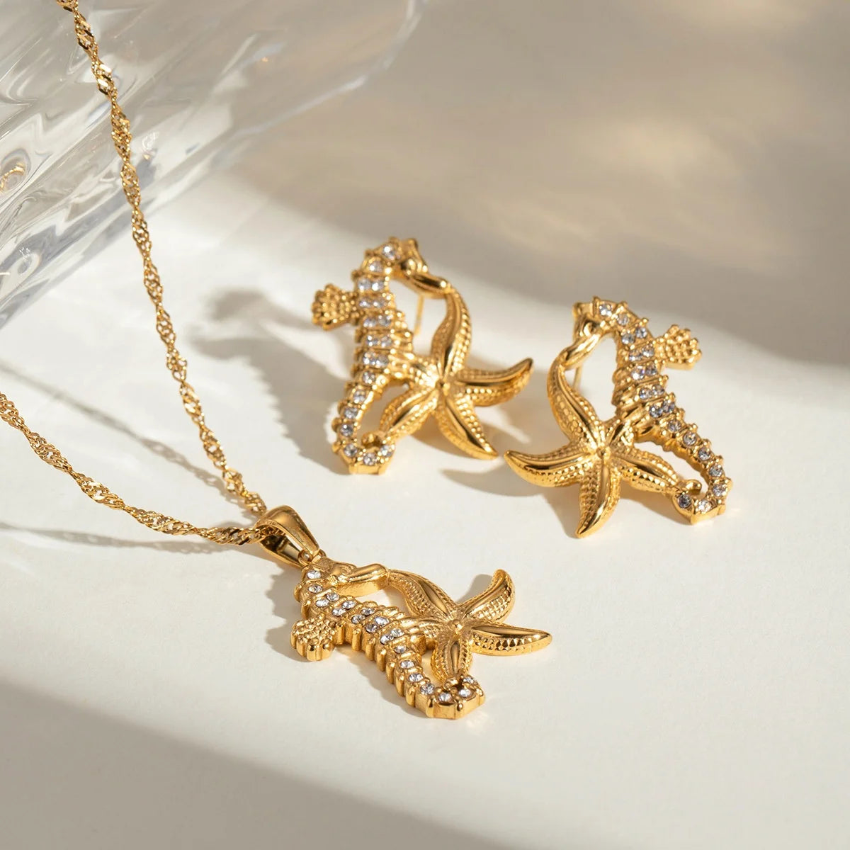 Merryshine 18k Gold Pvd Dainty Stainless Steel Necklace Fine Earrings Pendants Jewelry Set Starfish Pendant
