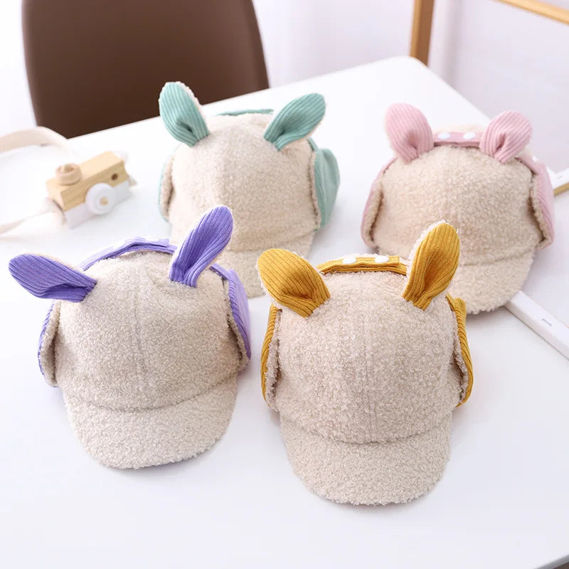 Winter Toddler Personalized Rabbit Soft Ears Children's Hats Matching Custom Logo Plush Earmuffs Warm Kids Baseball Cap