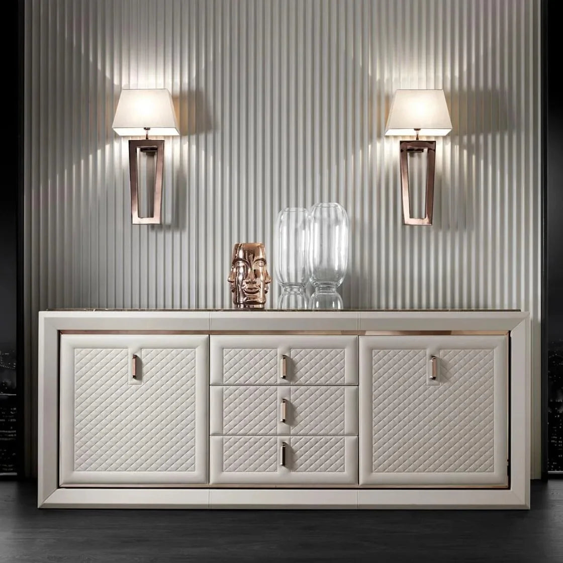 Modern Luxury Style Leather and Marble Sideboard Living Room Furniture Solid Wood Sideboard Cabinets Whit 2 Doors and 3 Drawers