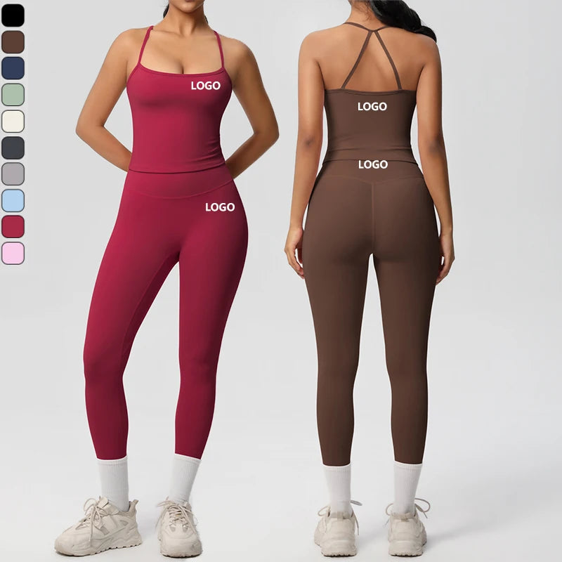 XW-7107 +7100 Yoga Sportswear Backless Design Vest & High Waist Leggings Multi-Color Fitness Clothing Plus Size Women Gym Set MegaBDM