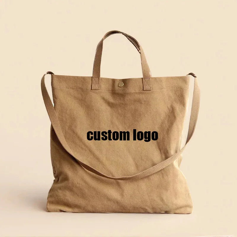 Qetesh Canvas Tote Bag Simple Design High-capacity Customizable Logo Handle and Single-shoulder Bag for Women and Men