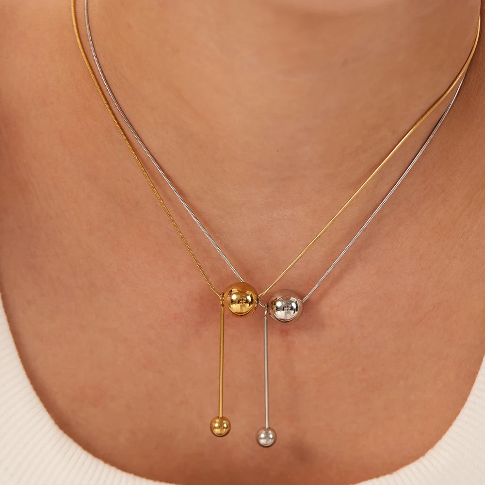 High Polished Stainless Steel Personalized Simple Long Tassel Geometric Ball Pendant Snake Chain Necklace