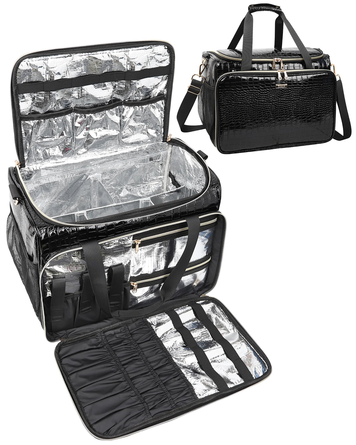 Relavel Crocodile PU Cosmetics Beauty Hairdresser Bag with Shoulder Strap Hair Makeup Salon Organizer Bag for Barber Insulation