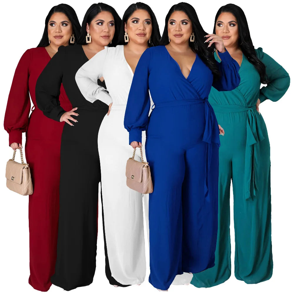 Plus Size Women Jumpsuits Autumn Long Sleeves Solid Belt Straight Pants Casual Rompers Loose Party Bodysuit 4XL Female