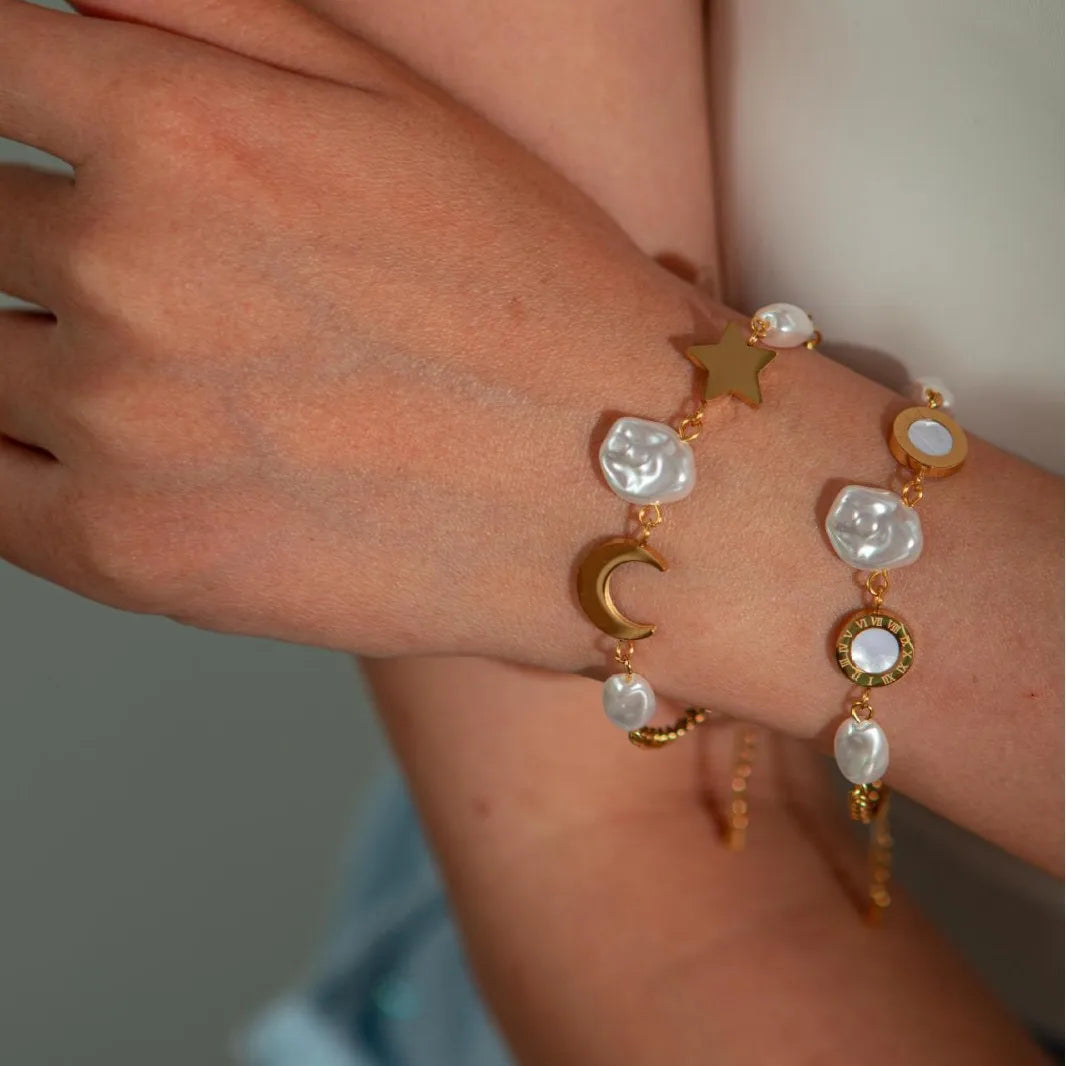 New 18K Gold Plated Stainless Steel Jewelry Star Moon Waterproof Paper Clip Chain Butterfly Irregular Pearl Bracelet