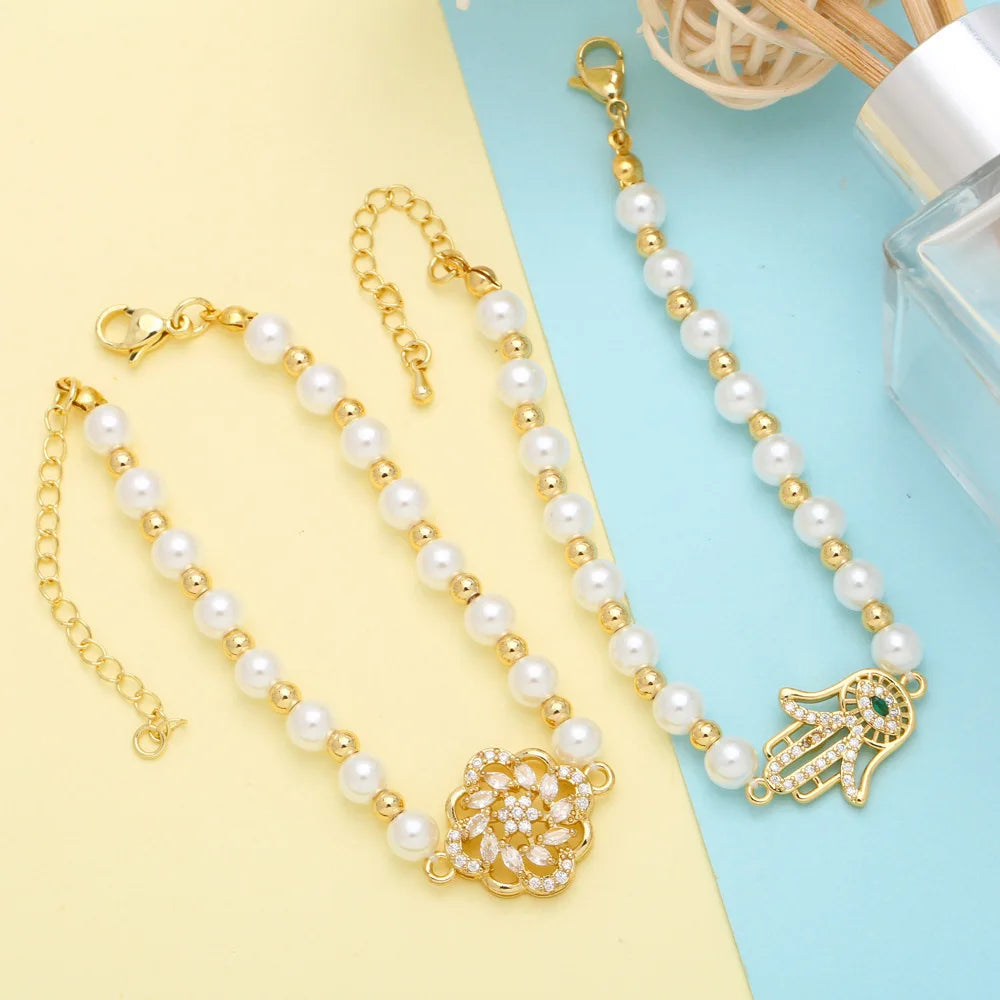 Fashion Colorful Cubic Zircon Hamsa Hand Bracelet Freshwater Pearl Beads Tree of Life Charm Bracelet for Girl
