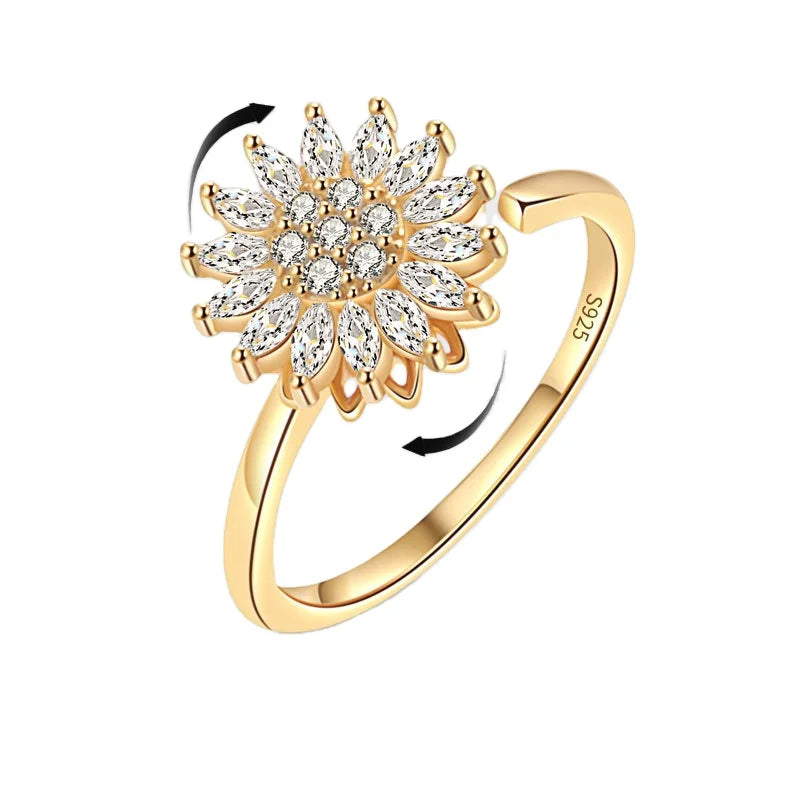 Daidan Silver Rings Women 925 Sterling Anti Stress Zircon Sunflower Adjustable Silver Spinner Ring