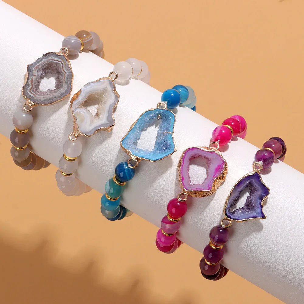 Fashion Lucky Yoga Energy Beaded Bracelet Druzy Gem Stone Agate Adjustable Elastic Bracelet for Women Men