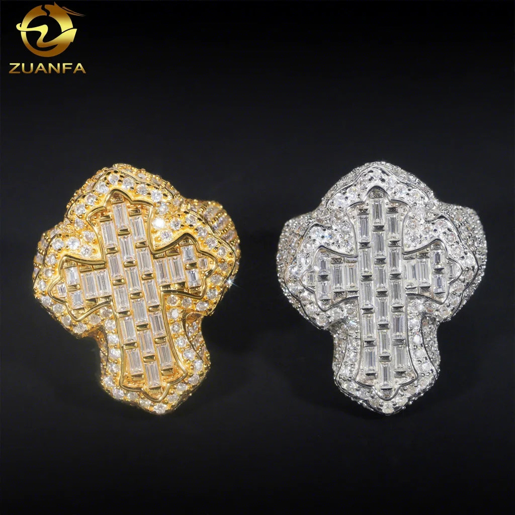 Wholesale Price Top Quality Iced Out Jewelry 925 Sterling Silver Mens Hip Hop Moissanite Cross Ring