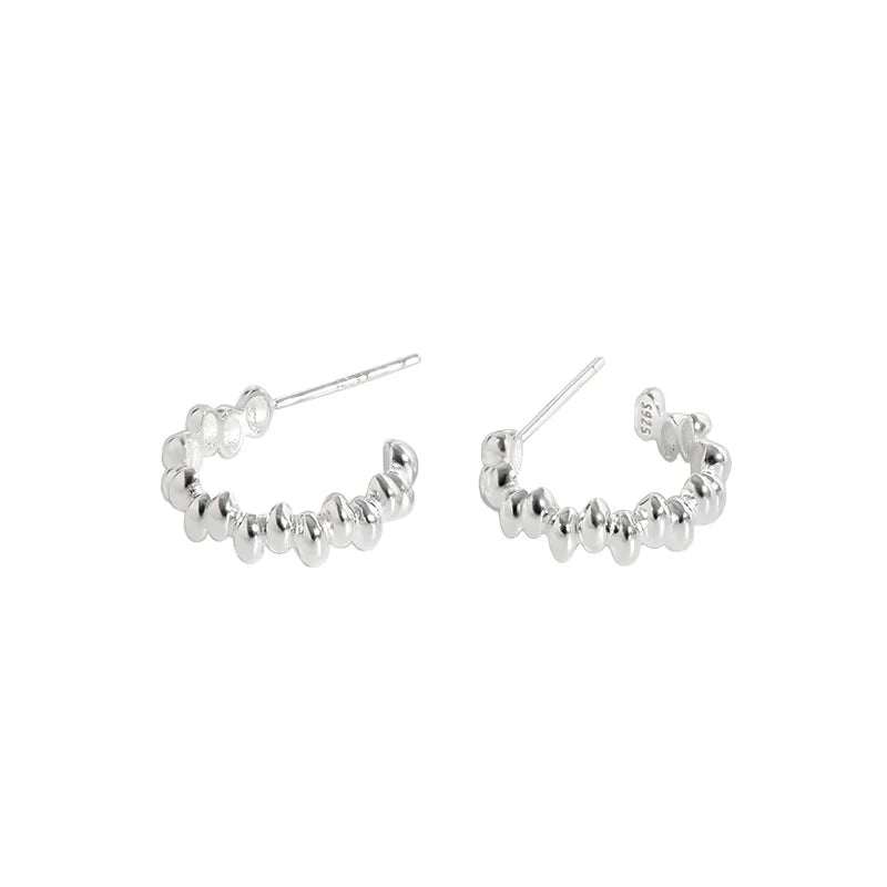 S925 Sterling Silver Huggie Earrings with Shining Polished Oval Beads Stacking Hoop Earring for Women