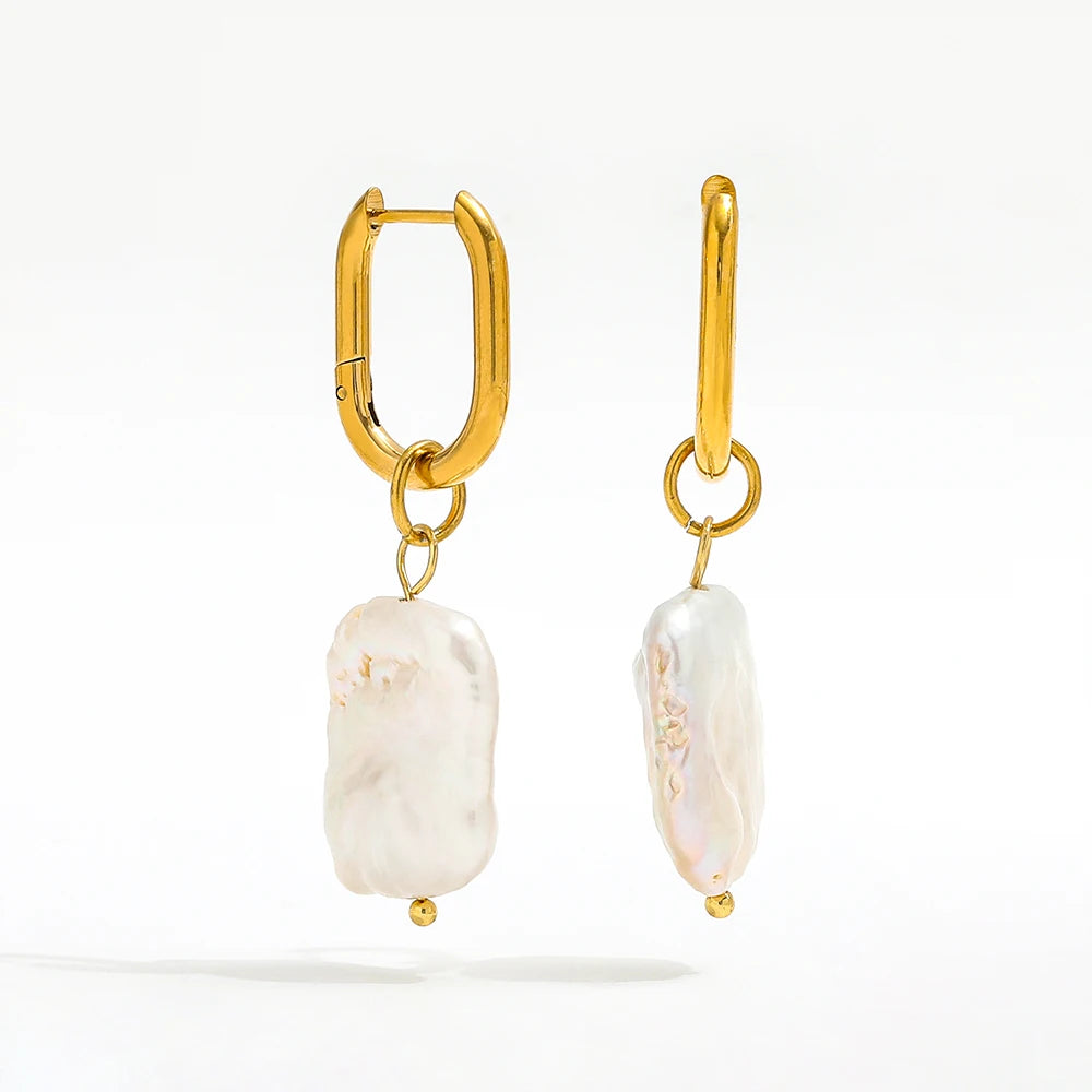 High End PVD 18K Gold Plated Waterproof Irregular Freshwater Pearl Pendant U Huggie Earring Stainless Steel Jewelry Wholesale