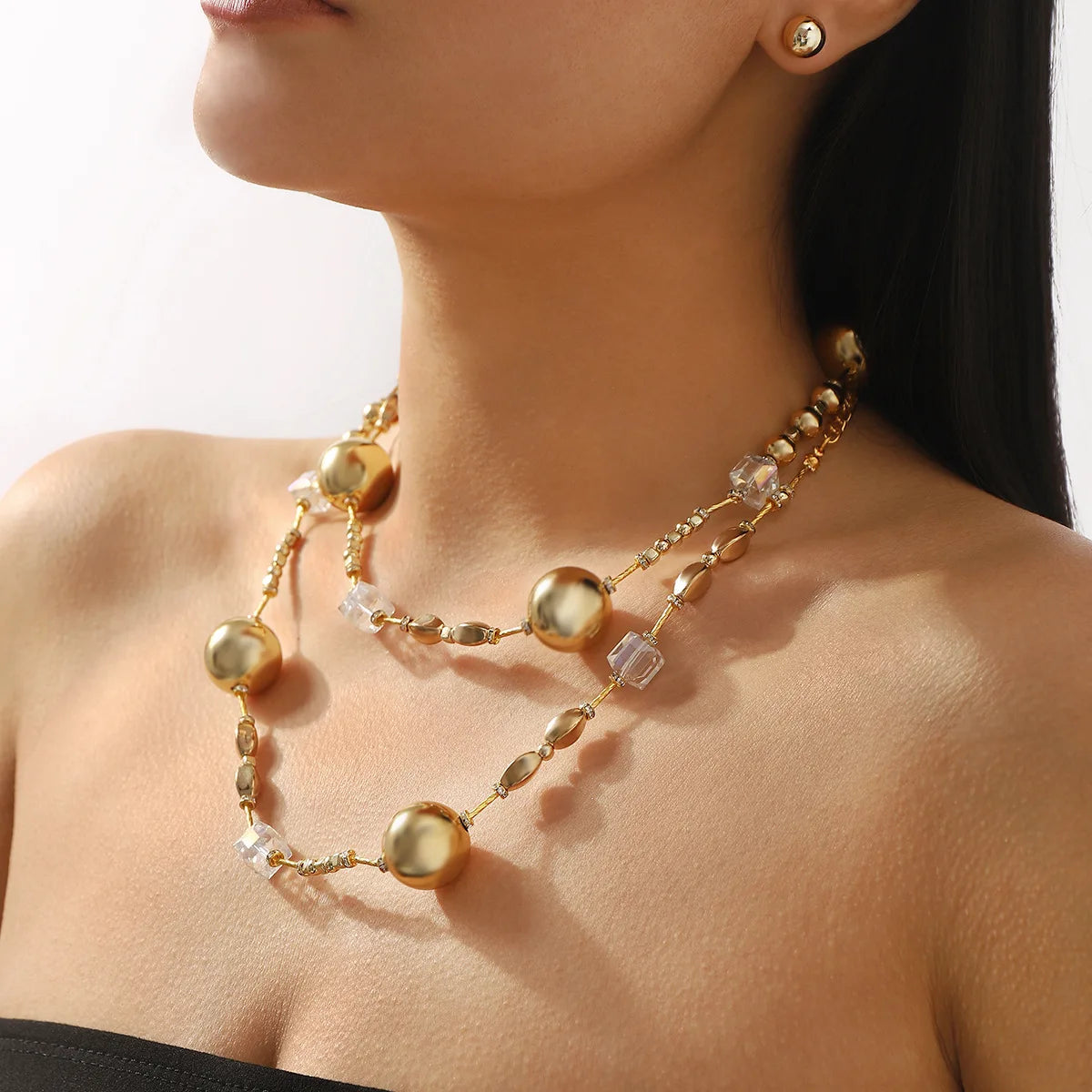 New Trend Exaggerated Double Layered Stacked Pearl Bead Chain Necklace Earrings Elegant Retro Style Women's Fashion Jewelry Set