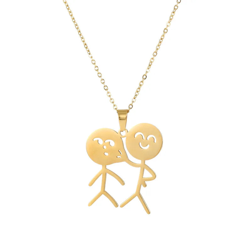 Cute Doodle Stickman Finger Stainless Steel Couple Necklaces Funny Doodle Pendant BFF Couple Chain Necklace Women Men Jewelry