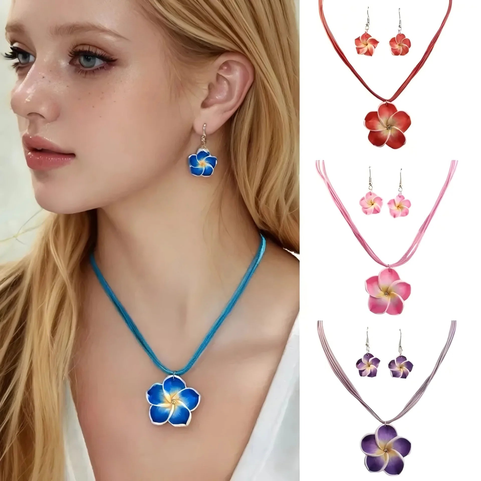 SC Popular Trendy Blossom Necklace Earrings Set Fashion Jewelry Set Stylish Colorful Polymer Clay Flower Jewelry Set for Women