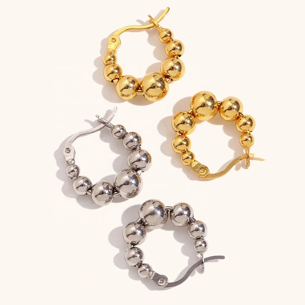 Ding Ran Fashion Dainty Tarnish Free Beaded Hoop Earrings Stainless Steel Gold Plated Jewelry