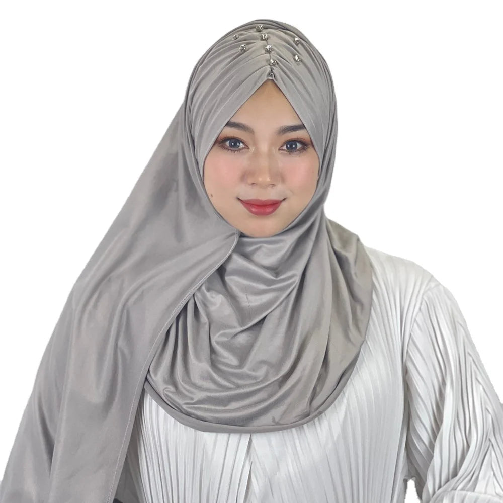 Arab Premium Burkha Polyester Jersey Beading Long Towel Solid Color Muslim Sequin Scarf Islamic Prayer Abayas Hijab Women Four