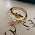 18K Gold Plated Freshwater Pearl Ring Unlimited Finger Circumference with Wheat Ear & Opening Design for Girls 6-7mm