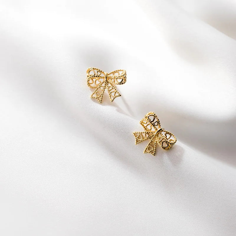 Small Bow Knot Shape Cute Earings Gold Plated 925 Sterling Silver Studs Earrings Fashion Jewelry for Women Girls