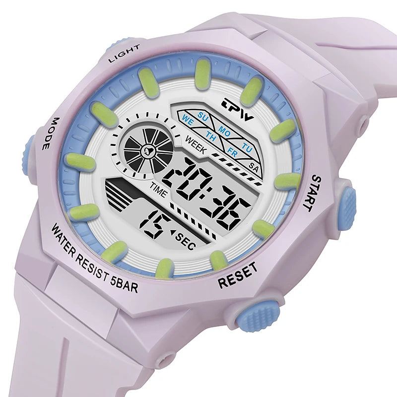 Stylish clear Strap Led 41mm Sport Watch for Women 50m Waterproof Chronograph Watches Digital