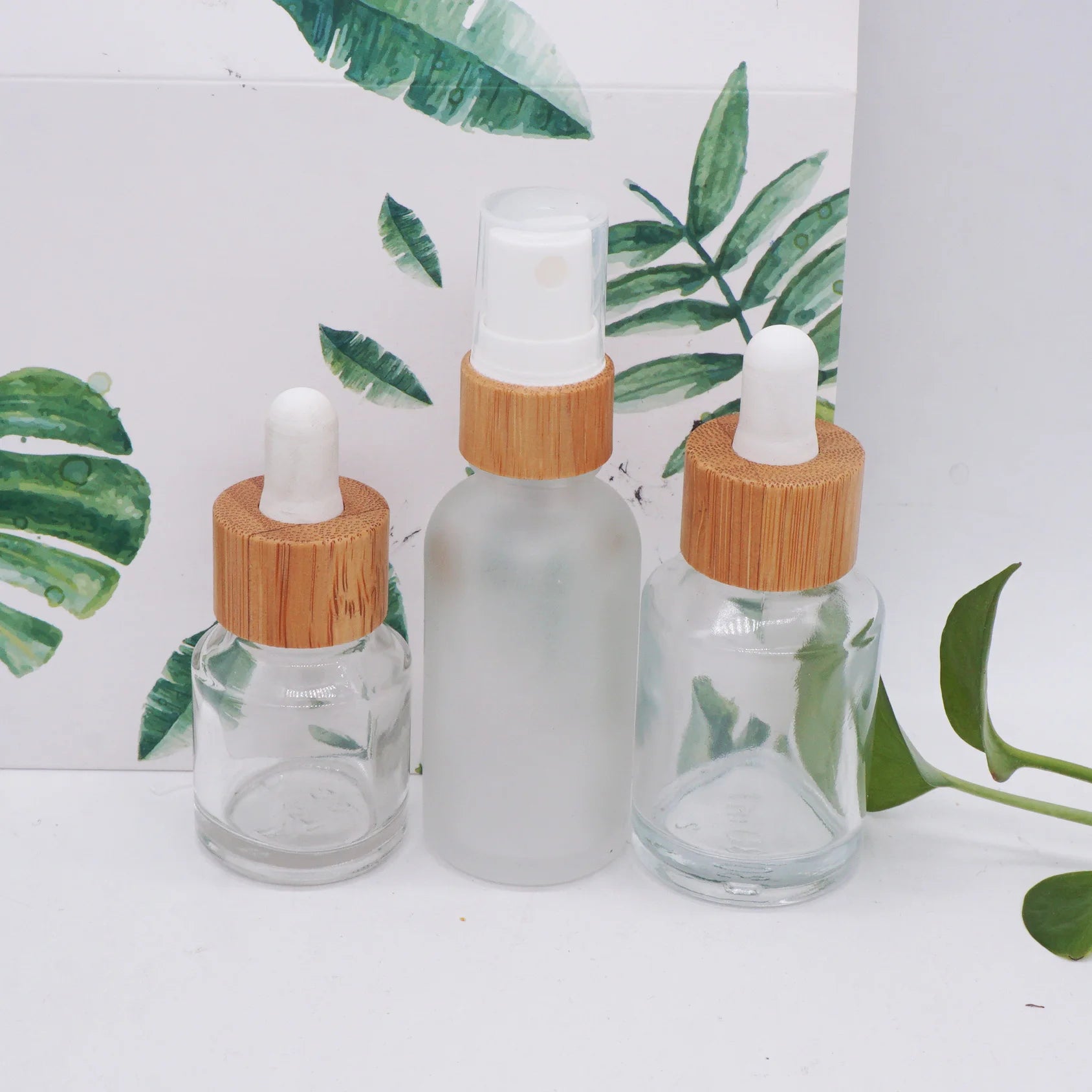 30ml 1oz clear  Glass Serum Frosted Bottles with Bamboo Lid