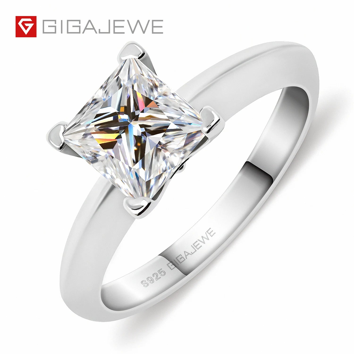 GIGAJEWE 1.2ct Princess EF Moissanite Ring 6.0mm 18K White Gold & 925 Silver Diamond Test Passed Gift for Women & Girls
