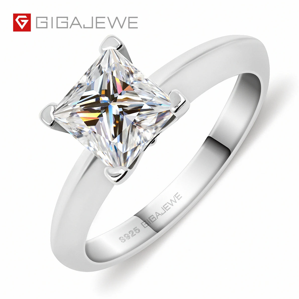 GIGAJEWE 1.2ct Princess EF Moissanite Ring 6.0mm 18K White Gold & 925 Silver Diamond Test Passed Gift for Women & Girls MegaBDM