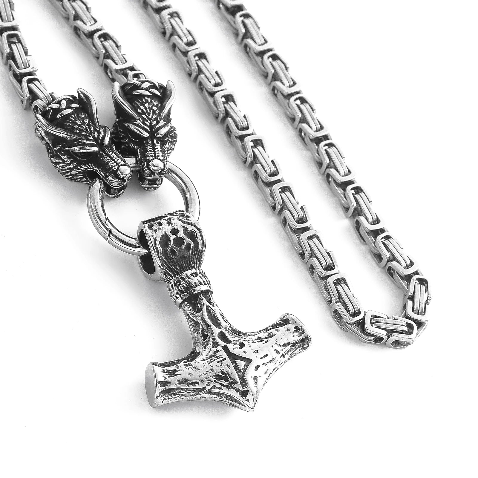Norse Vintage Jewelry Wholesale Stainless Steel King Chain Necklace Thor Hammer Pendant Viking Necklace Jewelry