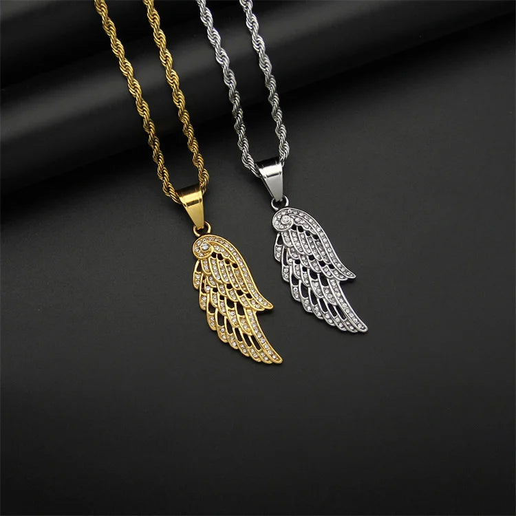 Popular Hiphop 18k Gold Plating Hollow Angel Wing Pendant Crystal CZ Stainless Steel Necklace for Men