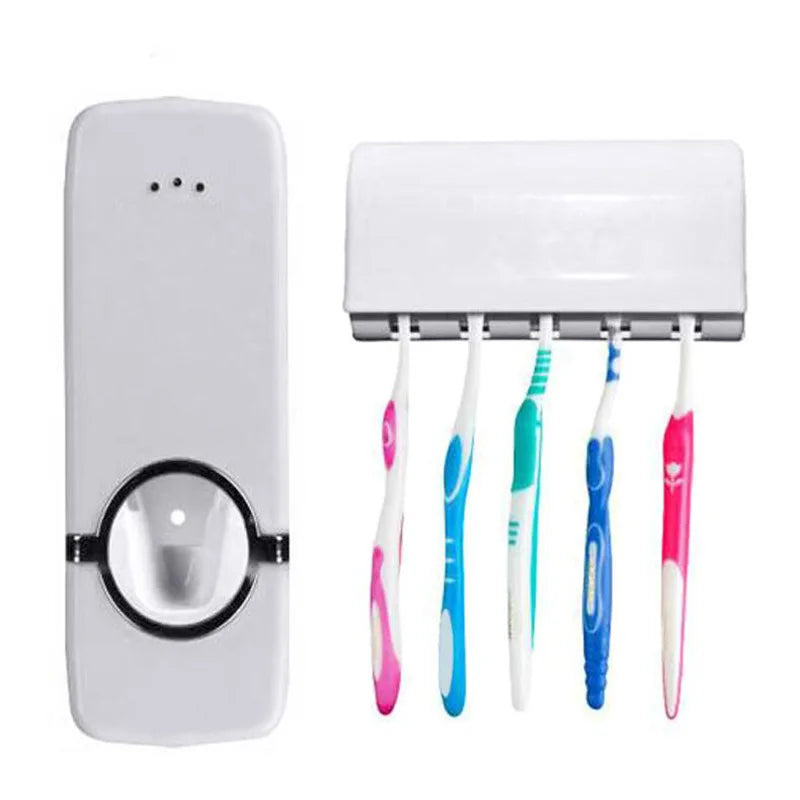 Epsilon Automatic tooth paste toothpaste dispenser with tooth brush toothbrush holder and auto pump rolling squeezer kit set wall mount