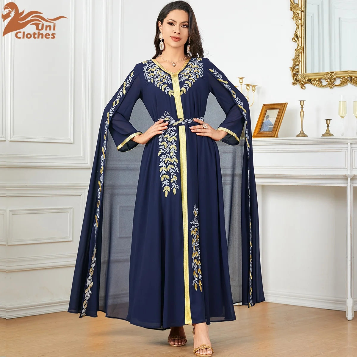 3932 Elegant V Neck Long Dress Shiny Women Abaya Party Dress