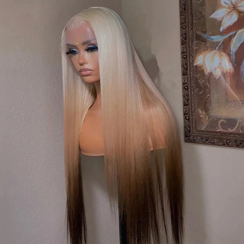 Ombre Blonde/Brown Color Straight Hair 13x4 Lace Front Wig Brazilian Virgin Human Hair Wig Transparent Color Lace for Women