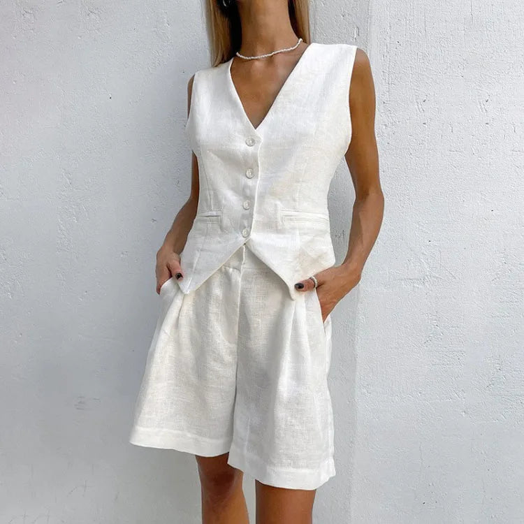 Solid Color Shorts Custom logo Sleeveless V Neck Vest Wholesale Loose Women Suit Factory Directly