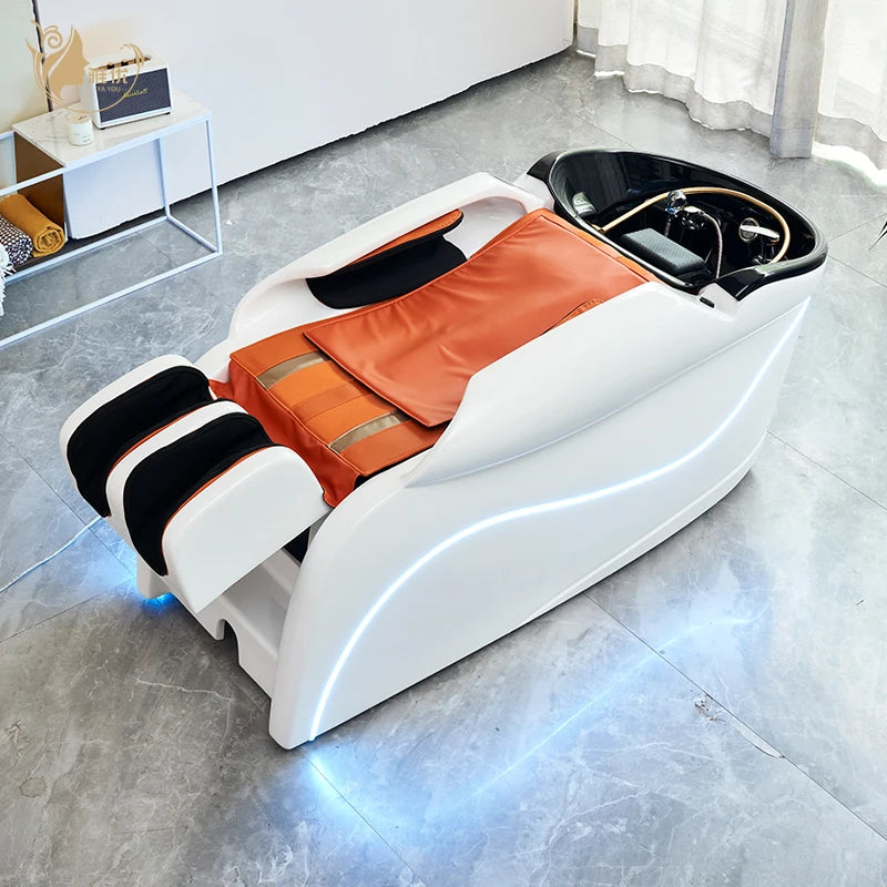 LED Shampoo Recliner with Orange Cushion and Adjustable Footrest Wash Station