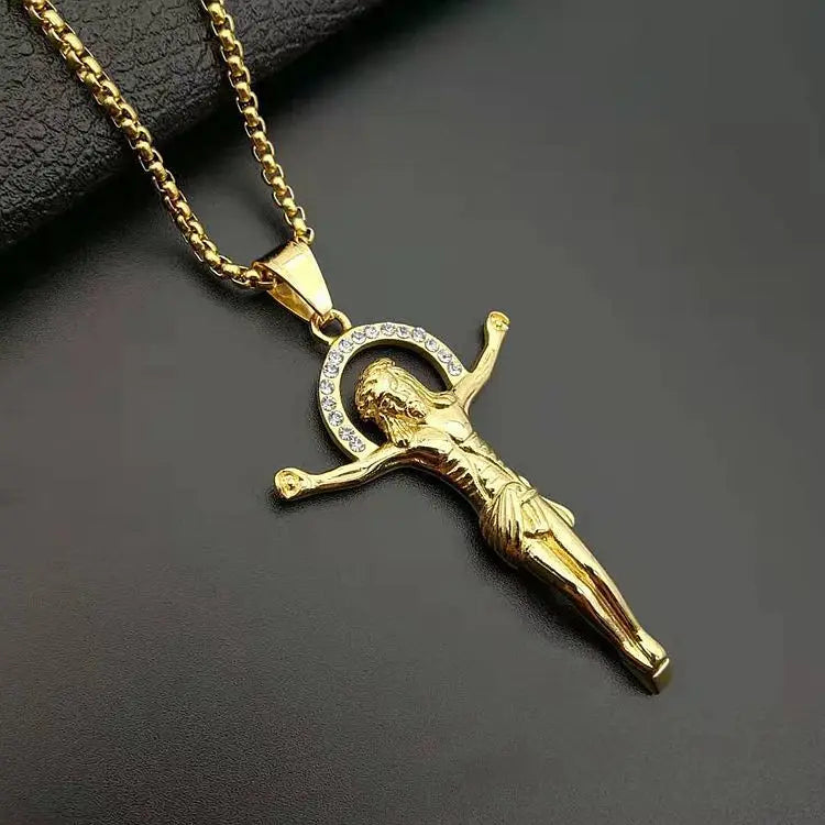 Hot Selling Crystal 18K Gold Plated Jesus Pendant Stainless Steel Cross Box Chain Religious Necklace for Women Men Gift Party