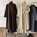 Women's Khaki Knitted 3-Piece Casual Autumn Sweater Set Solid Turtleneck Floor-Length Dress with Back Logo Breathable Design