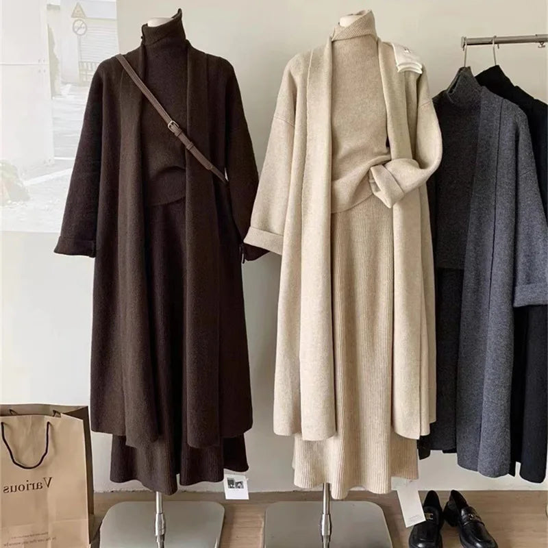 Women's Khaki Knitted 3-Piece Casual Autumn Sweater Set Solid Turtleneck Floor-Length Dress with Back Logo Breathable Design
