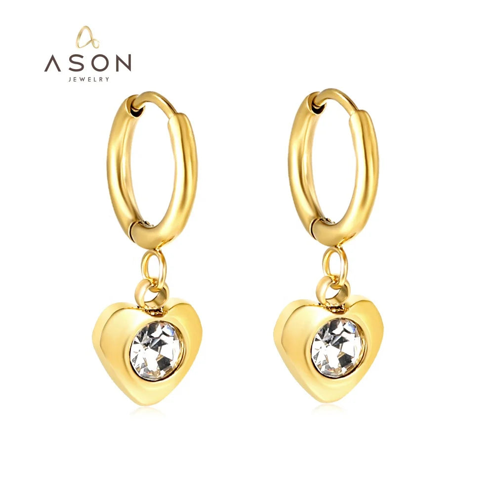 Ason Fashion Jewelry Simple Custom Stainless Steel 18k Gold Plated Square Zircon Heart Shaped Drop Hoop Earrings for Women