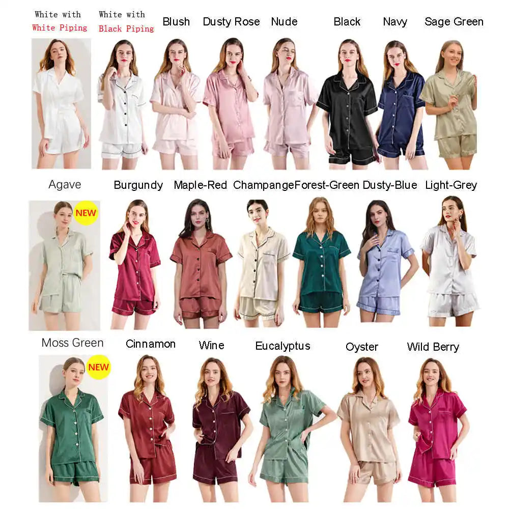 FUNG 3034 Satin Thermal Elastic Waist Knee Length Short Sleeve Summer Women's Pajamas Set Nightgown Sleepwear